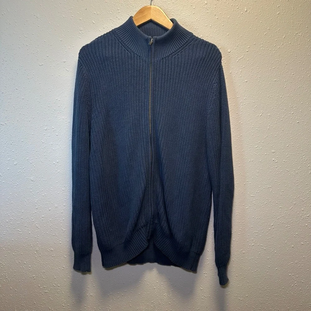 LL Bean Mens L Sweater Knit Full Zip Up Blue 100% Cotton Ribbed Cardigan Preppy